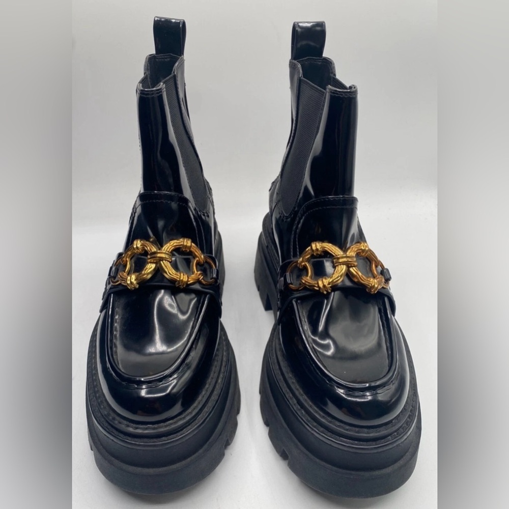 Black Patent Leather Combat Boots with Gold Chain Detail